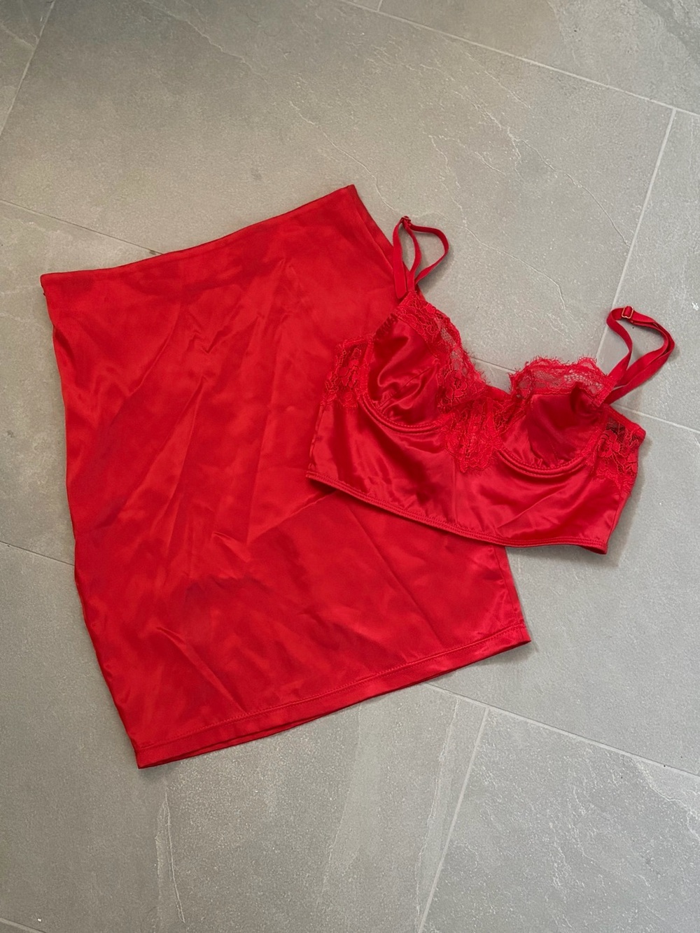 Red Satin Lace Bralette and Slip Skirt Set